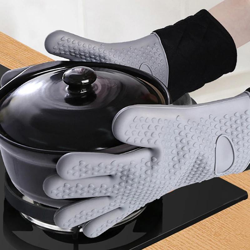 1/2Pcs Silicone Microwave Gloves Oven Mitts Heat Resistant BBQ Gloves With Cotton Lining Anti-Scalding Baking Gloves For Kitchen