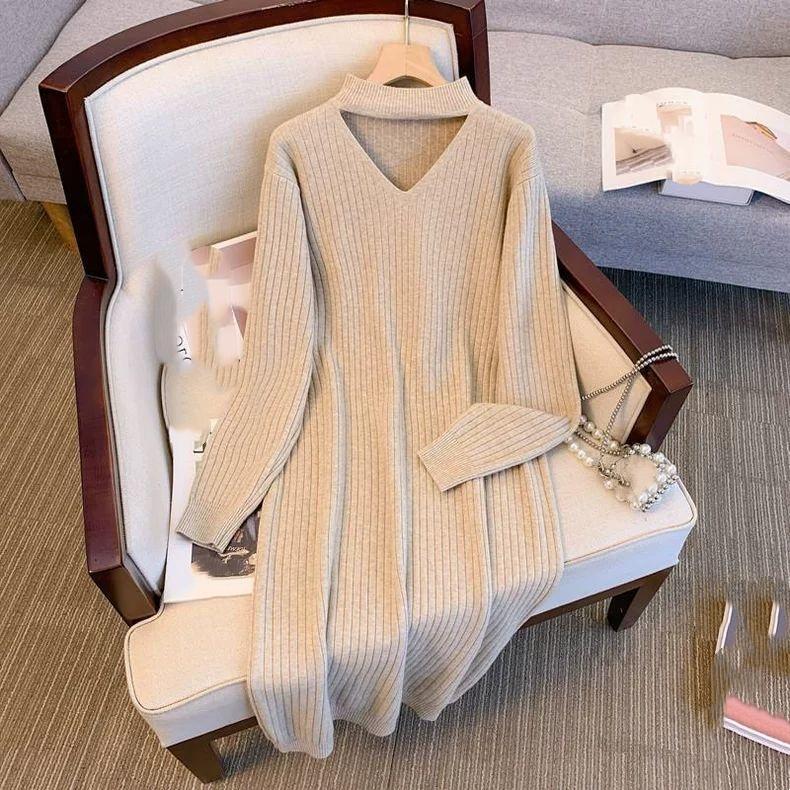 Autumn and Winter Women's Lengthened Hollow V-neck Solid Color Sweater Skirt Dress