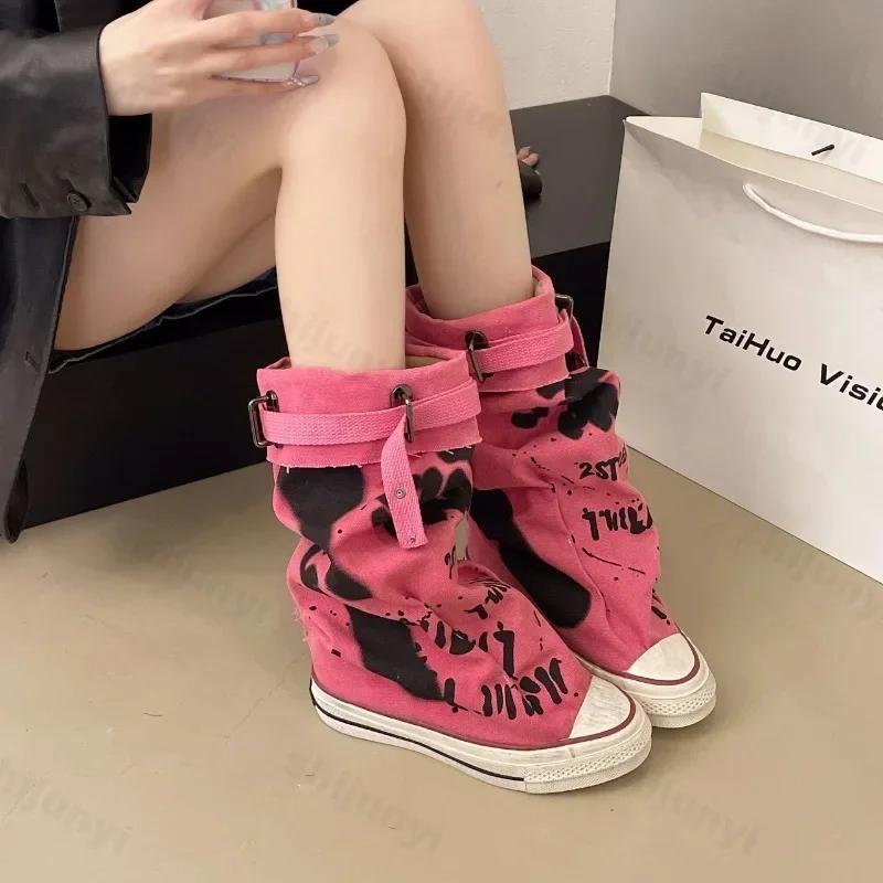 Graffiti 2026 New High Top Canvas Shoes Women's Spring Boots Wide Barrel Mid Barrel Boots 2026 New Trouser Barrel Stacking Boots