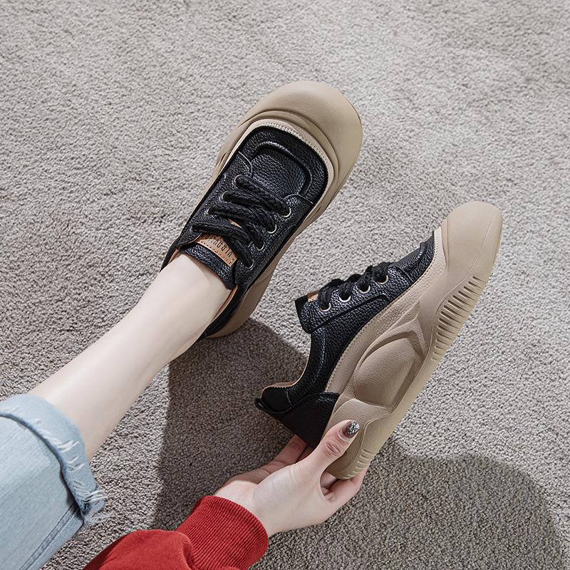 Women's Retro Leather Sneakers: Spring Thick-Soled Lace-Up Flats, Versatile Casual Sport Shoes with Soft Sole