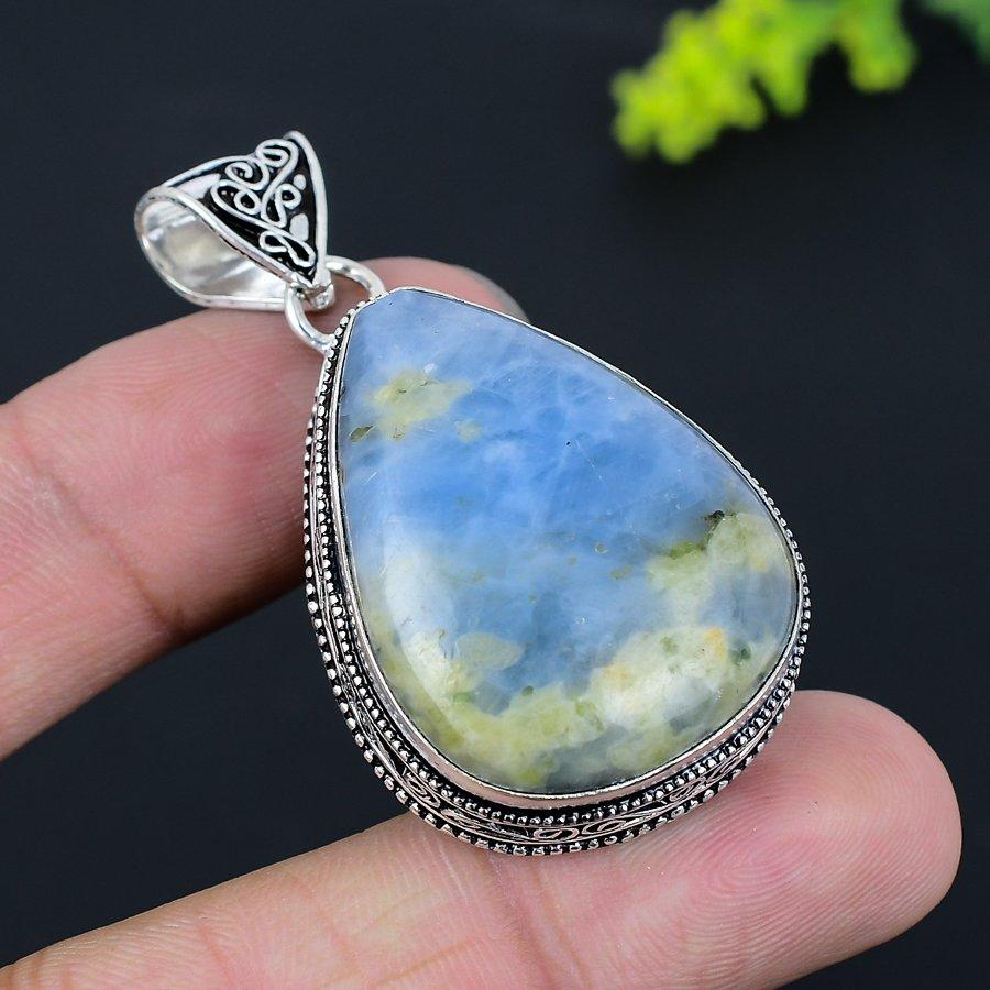 Angelite Stone Gemstone Handmade 925 Sterling Silver Jewelry Pendant 2.05" o8l68
