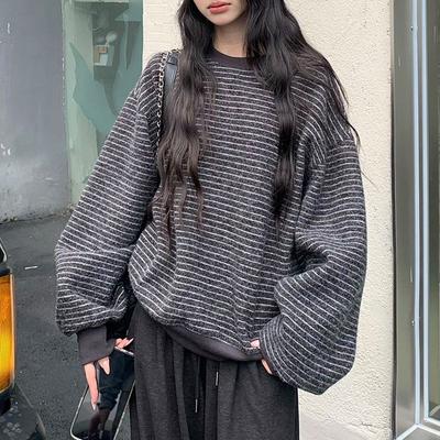 Retro Striped Round Neck Hooded Long-sleeved Sweatshirt Women Autumn New Korean Style Loose Student Top