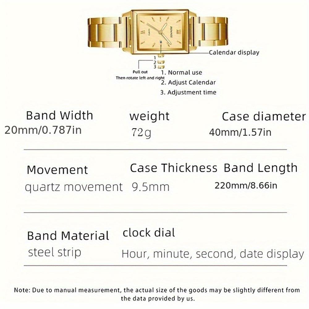 Square Men's Watch Steel Strap Business Gold Hands Men's Quartz Watch, Men's Gifts