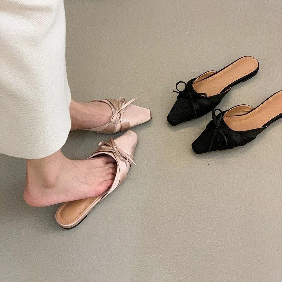 Flat bottom pink bow bag head half slippers fairy shoes spring temperament half support single shoes
