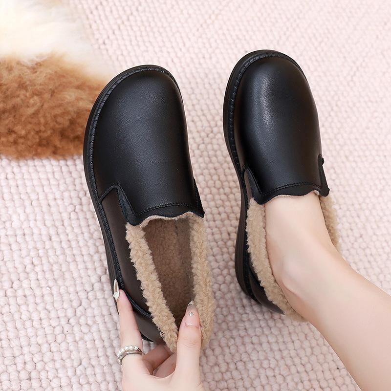 New Style Shoes: Versatile Women's Shoes, Flat Heels with Fleece, Warm Single Shoes, Genuine Leather Shoes