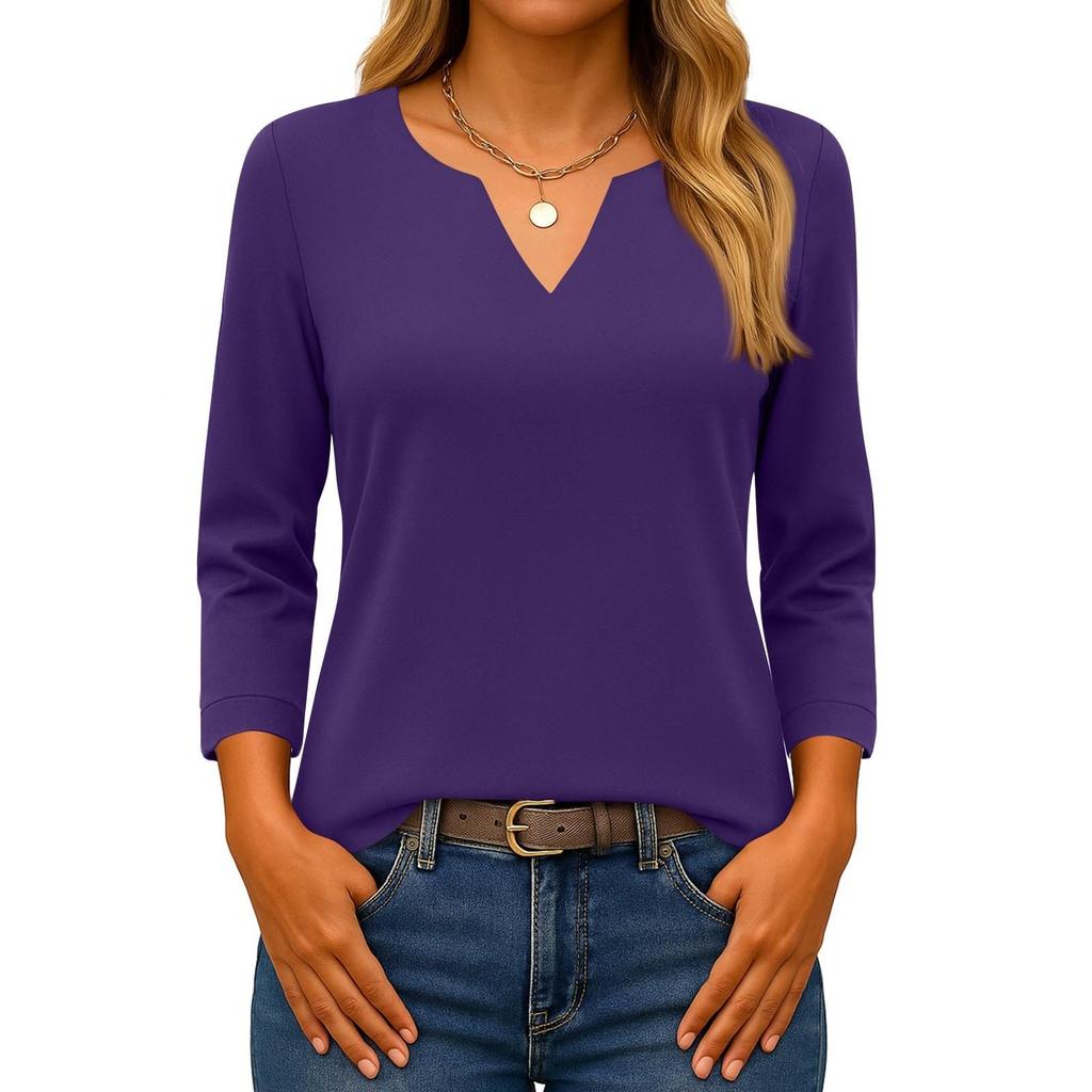 Damen-Tops mit 3/4-Ärmeln, V-Ausschnitt, Basic-T-Shirt, einfarbige Blusen für Damen, Freizeit
