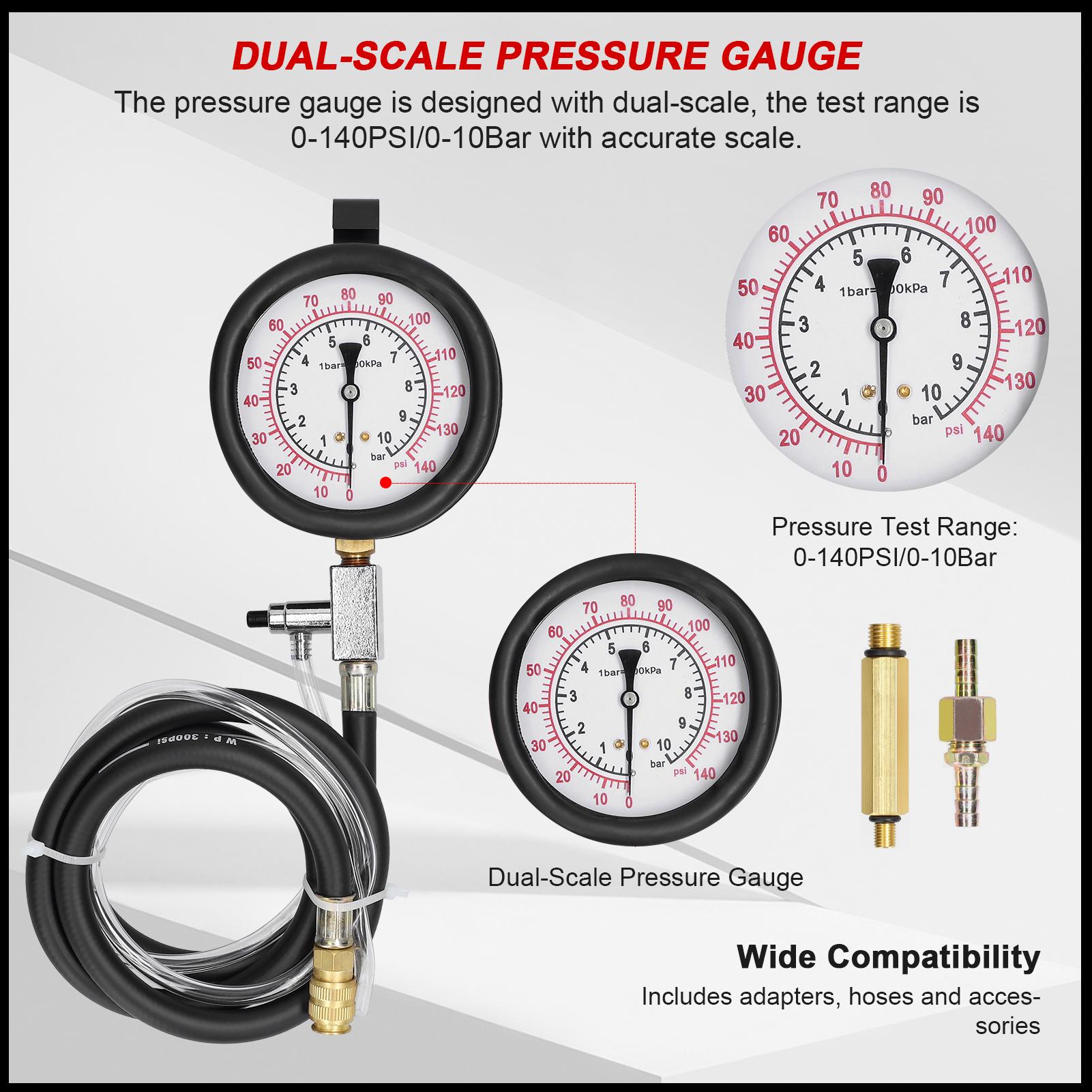 

Fuel Injection Pressure Tester Kit TU443 0-140PSI 0-10Bar Automotive Fuel Pressure Gauge Complete Kit