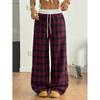 High-Waisted Loose Straight Cut Plaid Patchwork Casual Trousers Women Comfortable Stretchy Pants