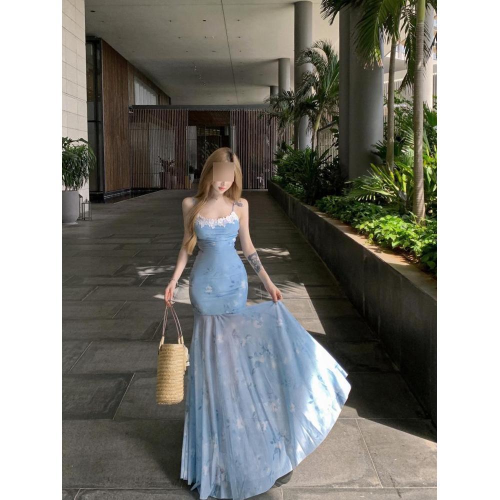 Lace Splicing Print Suspender Dress Women's Summer Fishtail Skirt Slim Mesh Skirt Design Hip-wrapped Dress