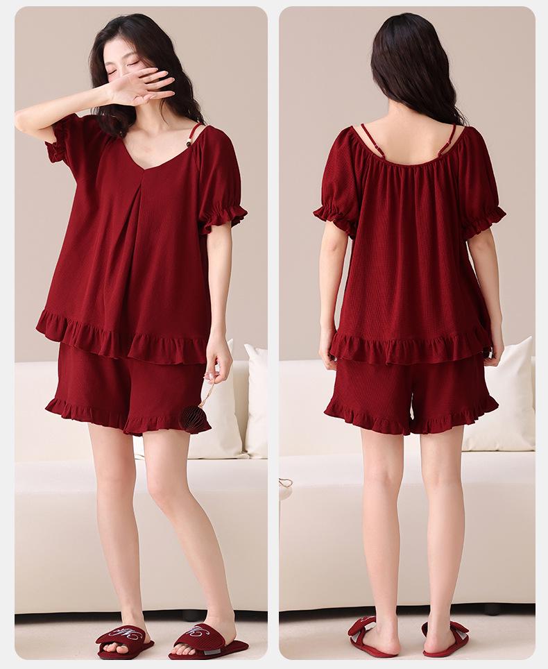 Women's Antibacterial Cotton Wedding Pajama Set: Summer Short Sleeve and Shorts, Year of the Rat Red, Couple Wear