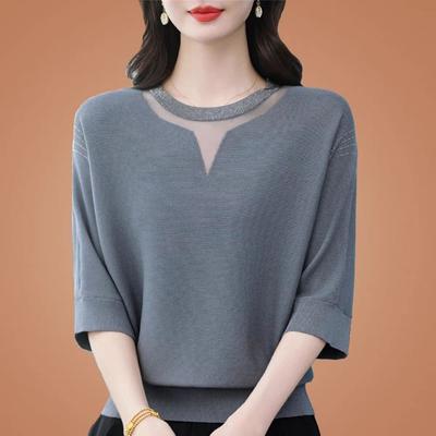 Nowy Dzianinowy Sweter z Jedwabiu Lodowego z Rękawami 3/4 Luźny Duży Rozmiar Top w Stylu Wiosenno-Letnim dla Kobiet w Średnim Wieku i Starszych