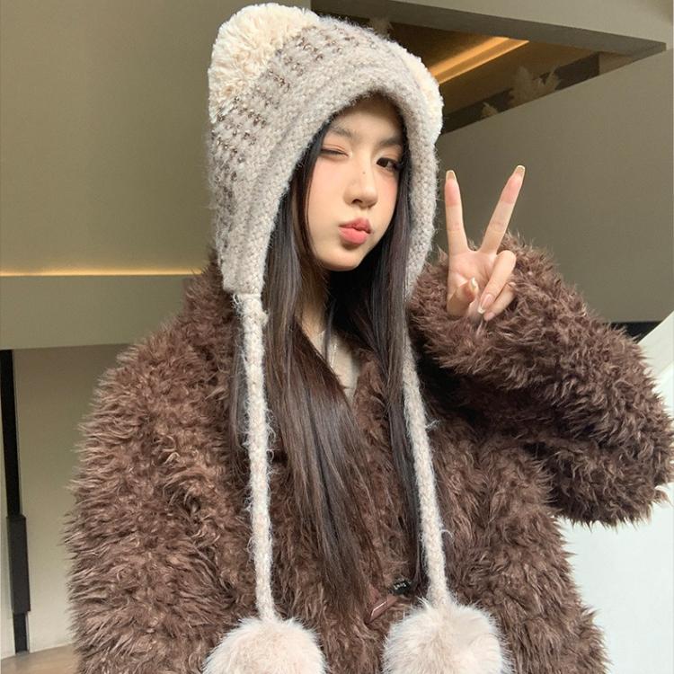 Winter Hat Girl Cute Bear Plush Hat Windproof and Warm Integrated Hat Hairball Cold-proof Knitted Hat