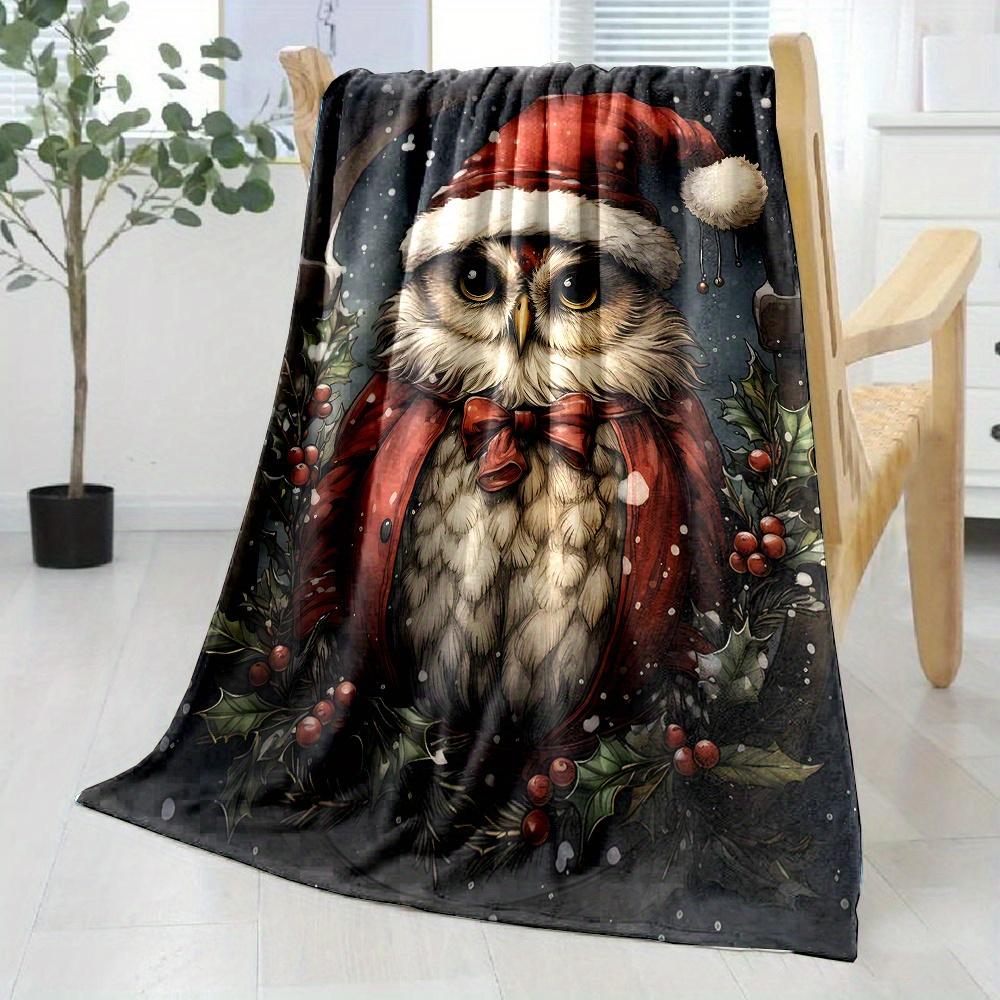 Christmas Owl Print Soft Flannel Throw Blanket - 100% Polyester Non-Woven, Contemporary Style, Digital Print, All-Season Reversi