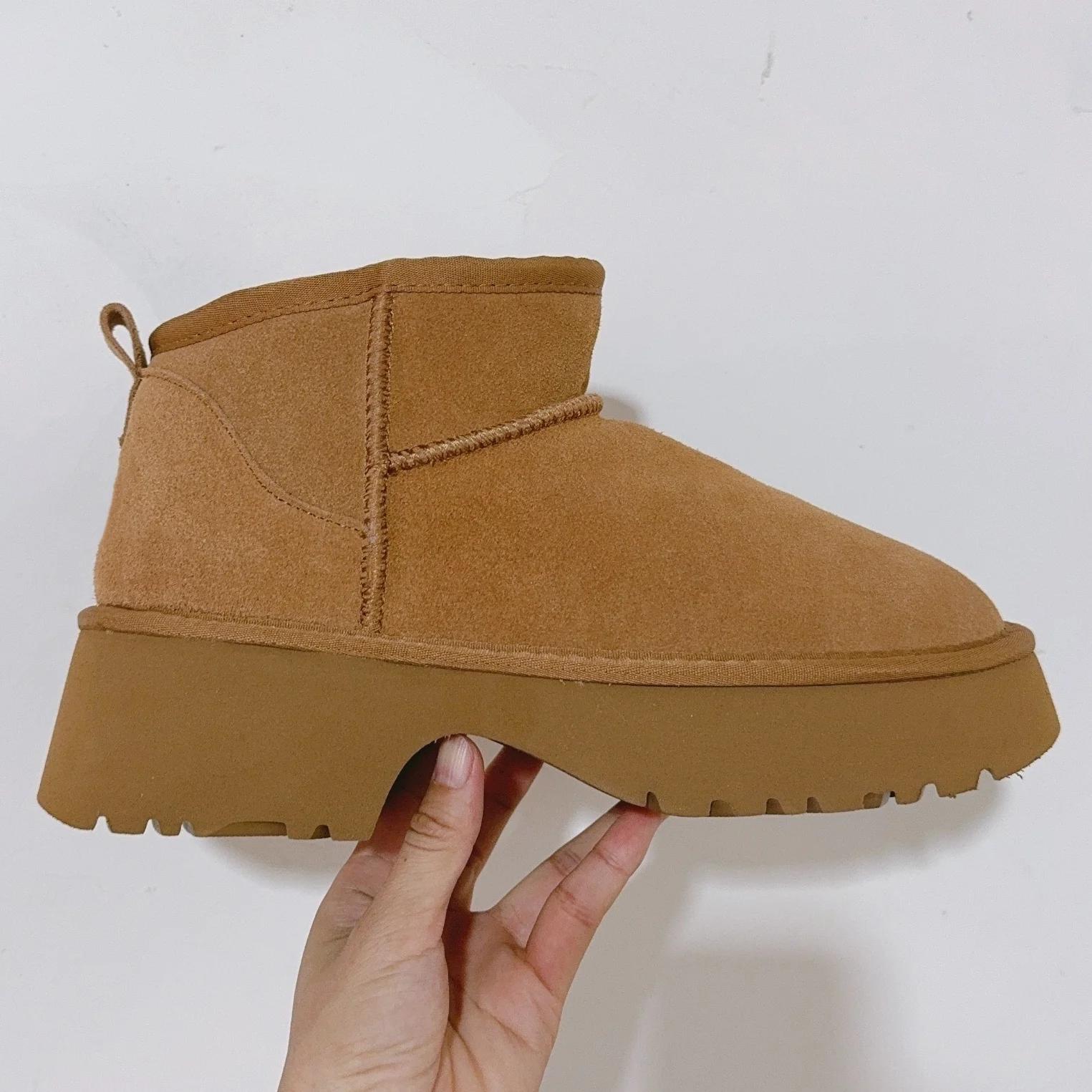 Bottes Plateformes Tendance Hiver Classiques pour Femme Nouveau Design Cuir de Vachette Véritable Fourrure Chaude Bottes de Neige Dame Chaussures Ultra Mini à Talons Hauts 43 marron