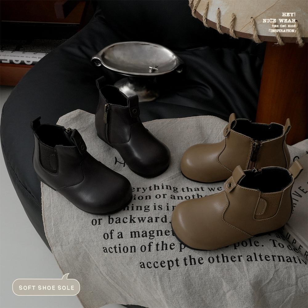 XSHX Retro "round Head Short Boots" Baby Functional Toddler Shoes Winter Velvet Boys and Girls Side Zipper 248058