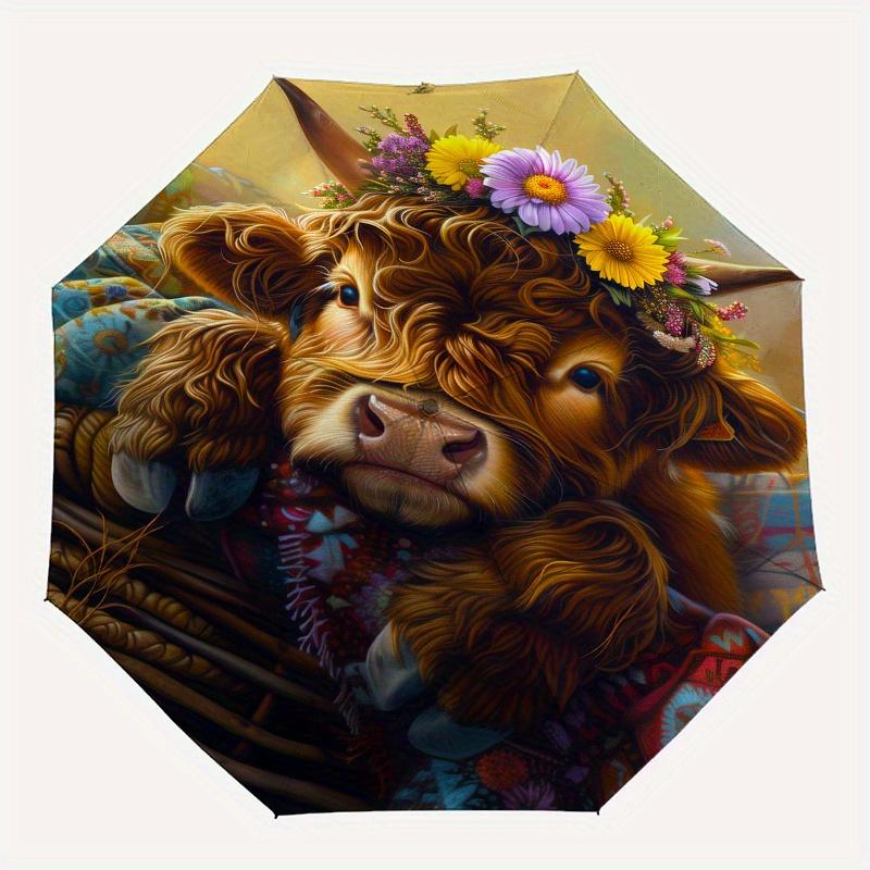 Cow, Floral Wreath Theme 8 Bone Hand Automatic Folding Umbrella, Compact and Portable Design, A Perfect Gift for Birthday, Christmas or Busi
