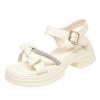 5.5cm Comfortable Soft Leather Bow Rhinestone Sandals Platform Shoes 2025 Summer Med Square Heels Sandals for Office Mom Daily