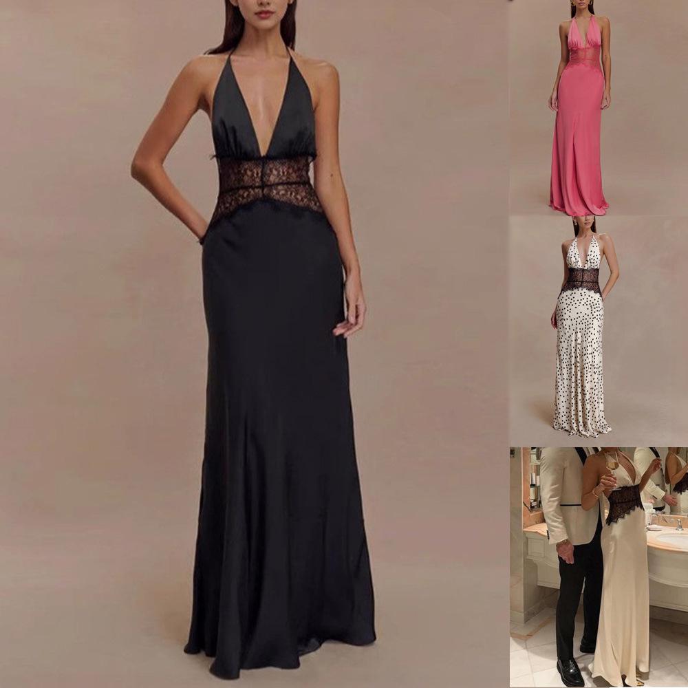 2025 Summer Elegant Deep V Silk Satin Halter Waist-Cinching Long Dress