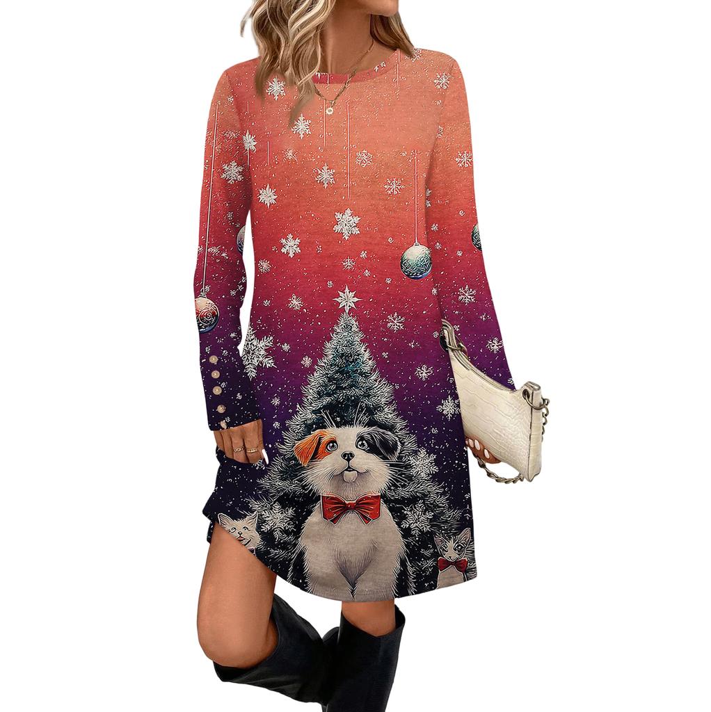 Women's Fashion Casual Dress With Pockets, Decorative Buttons, Christmas Prints, Round Neck And Long Sleeves