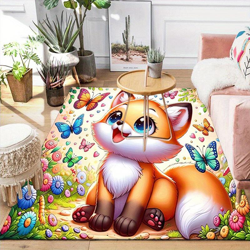 1pc Cute fox and butterfly Print, Design Indoor Area Rug - Soft, Anti-Slip, and Durable Gaming Room Decor for Bedroom