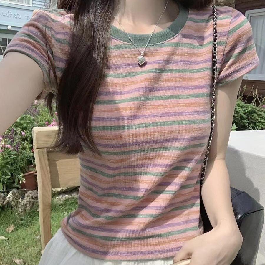 Women's 2024 Summer Color-Blocked Striped Short-Sleeve Round Neck T-Shirt