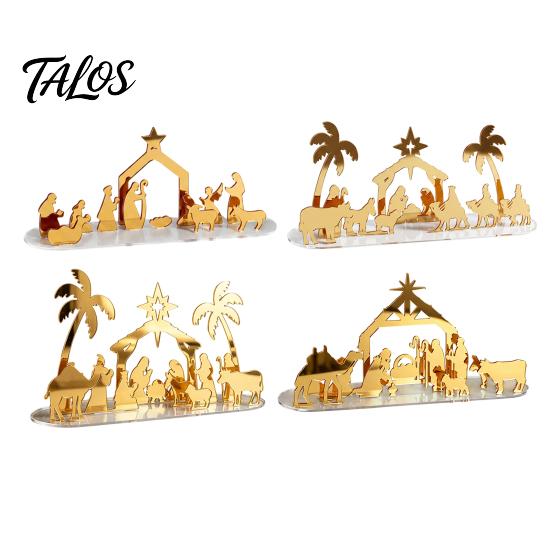Reusable Holiday Display Christmas Acrylic Ornament, Mirrored Golden Silhouette Scene, Decorative Festive Desktop for Living Room Fireplace