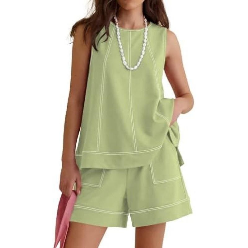 Women's two-piece shorts set Summer round neck sleeveless vest drawstring elastic waist shorts with pockets