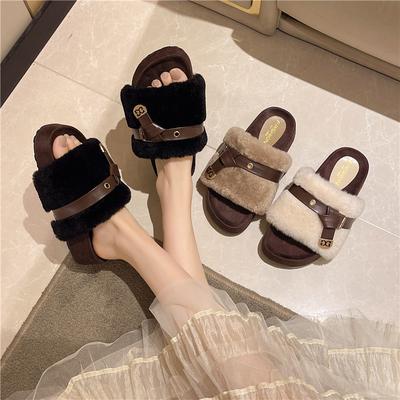 New Thick-soled Women's Shoes for Autumn and Winter, Fashionable Lambskin Cotton Slippers