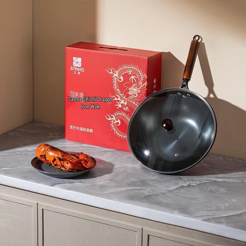 SANHO 32cm Coating-Free Hammered Pure Iron Wok