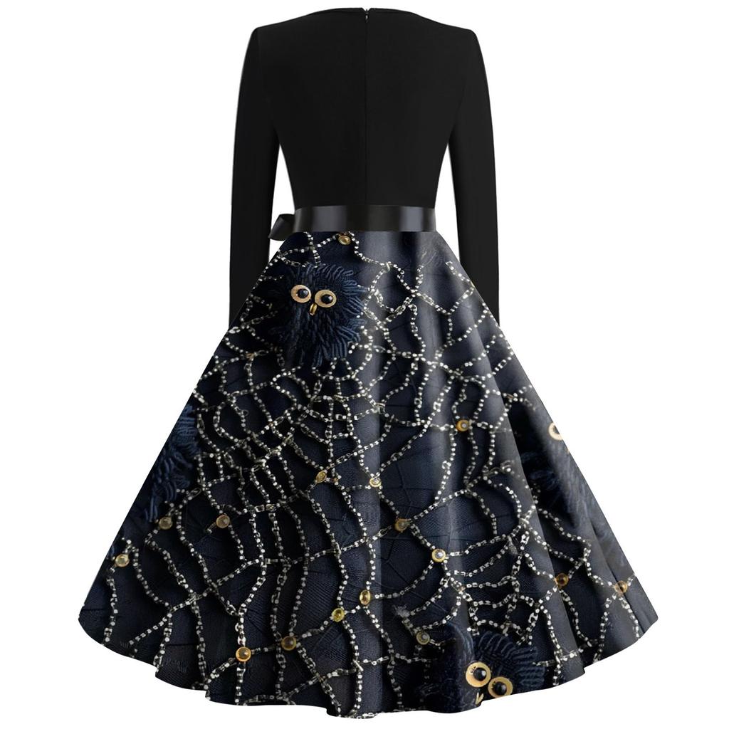 Dámské módní šaty s V-výstřihem, ležérního střihu, slim fit, s halloweenským potiskem, s dlouhým rukávem