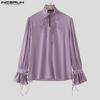 INCERUN Men Stand Neck Lace-up Long Sleeve Casual Oversized Elegant Shirts
