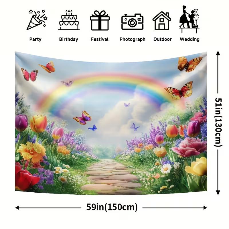 2D Frühlings-Regenbogen-Hintergrund, Bunter Garten mit Tulpen & Schmetterlingen Hintergrund für Outdoor-Themenveranstaltungen