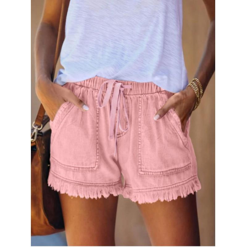 Women's Summer Solid Color Casual Thin Fringe Denim Shorts Loose Non-elastic High-waisted Pants