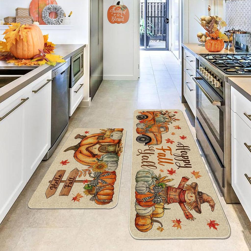 Thanksgiving Kitchen Mat Autumn Pumpkin Oil-Absorbing Dirt-Resistant Non-Slip Floor Mat Porch Easy To Take Care Of Foot Mat