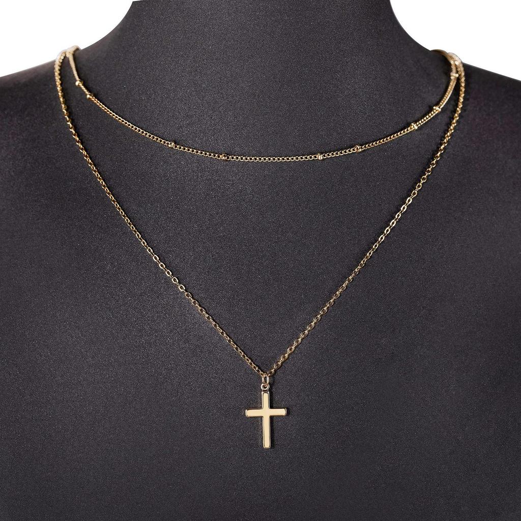 Stainless Steel Double Layer Cross & Bead Necklace for Women
