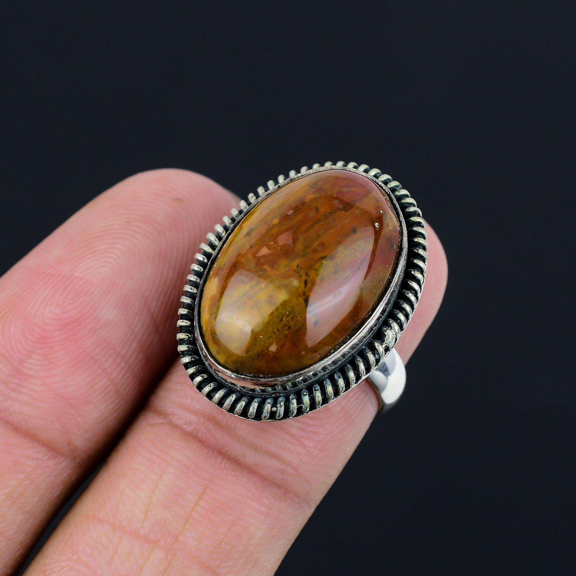 Oval Moroccan Seam Agate Stone Mother Solitaire Ring Size 7 925 Sterling Silver 7