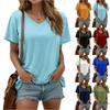 Women's V- Neck Color Loose Fit Short Sleeve Fashion T-Shirt