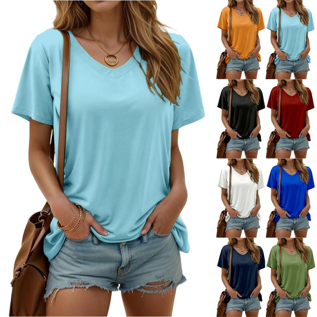 Women's V- Neck Color Loose Fit Short Sleeve Fashion T-Shirt