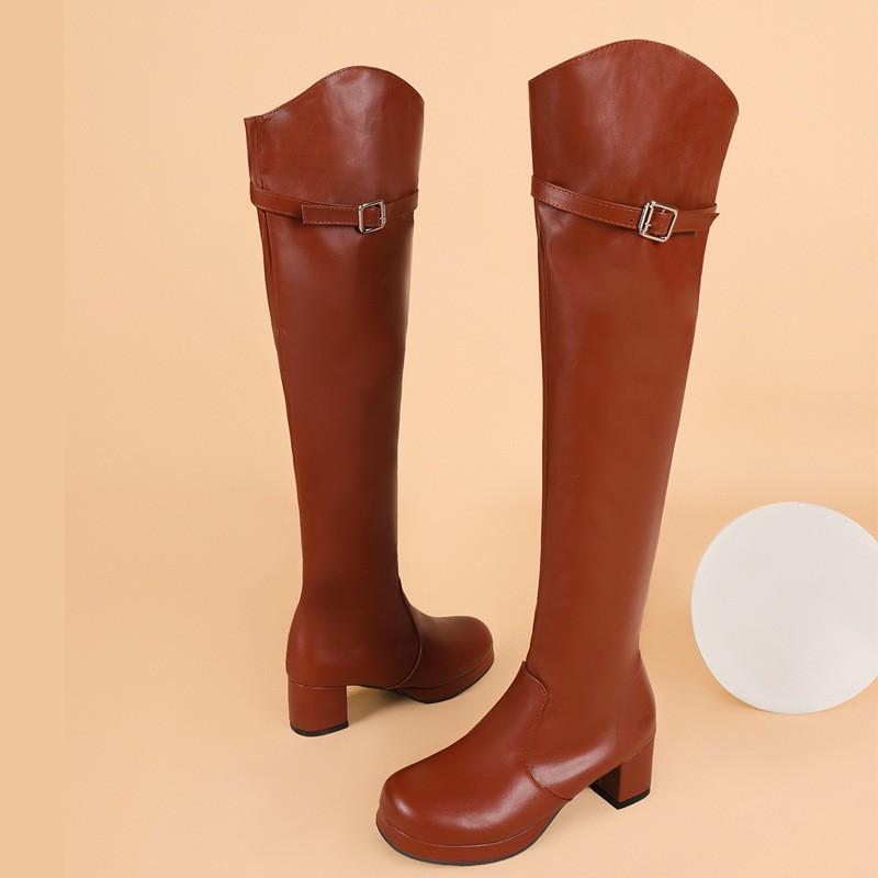 Womens Over-the-Knee Boots Round Toe High Heel Chunky PU Leather Winter Fashion Long Size 40-48