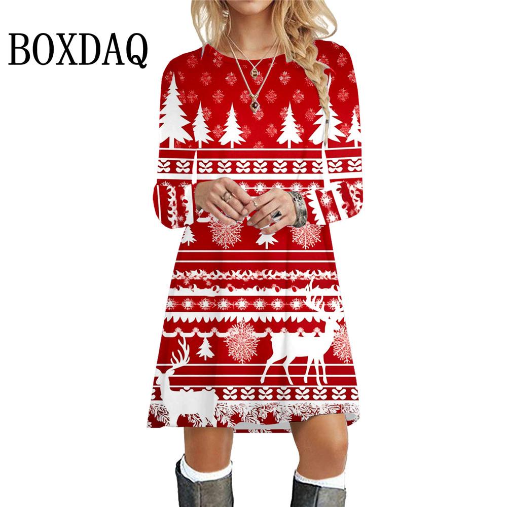 Christmas Elk Party Dresses For Winter Long Sleeve A-Line Dress For Women Casual Christmas Tree Snowflake Print Mini Dress