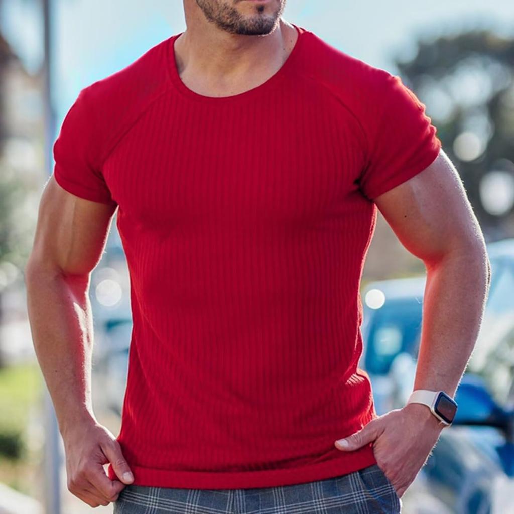 Musgneer Men's Short Sleeve Knit T-Shirt, Crew Neck, Slim Fit, Perfect for Training, Casual, Summer Wear, Black, Size L