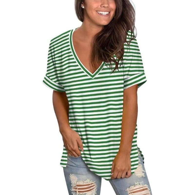 Summer V-neck 3D Stripe Printed Top Fashionable Casual Short Sleeved Women's T-shirts