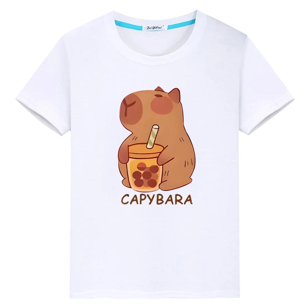 

капибара пьет молочный чай принт аниме короткая футболка для детей мальчик 10 лет y2k one piece 100% хлопок топы футболка гордость одежда для девочек 100 белый