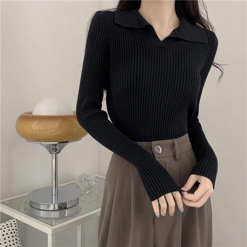 Women's Pure and Sexy Style Polo Collar Knitted Shirt Spring and Autumn Top Outer Wear Slim-Fitting Spicy Girl Sweater Versatile Soft Base Layer