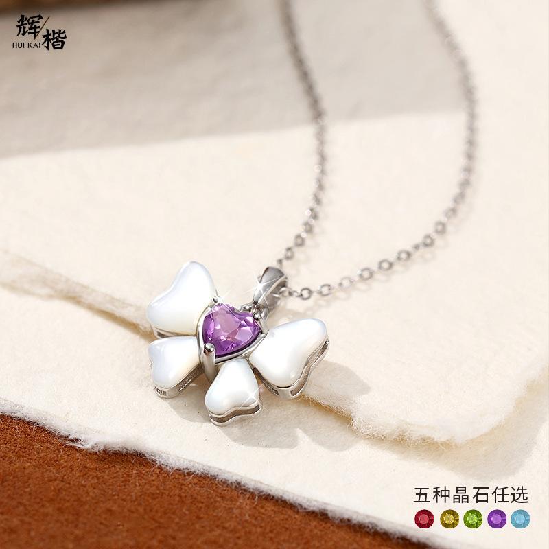 Bowknot Heart Crystal Necklace 925 Sterling Silver Dainty Pendant Trendy Jewelry Gift for Women Daily Wear Elegant Charm Necklace for Girlfriend