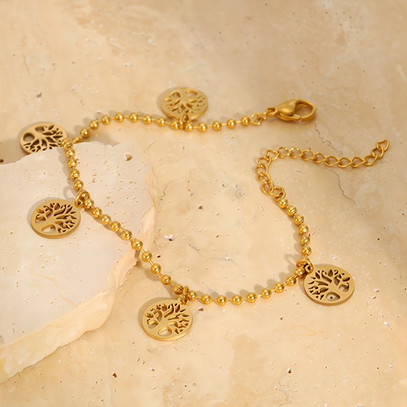 Titanium steel bracelet with a light luxury and high-end feel, beaded tree of life sand gold bracelet for women, non-fading stainless steel jewelry