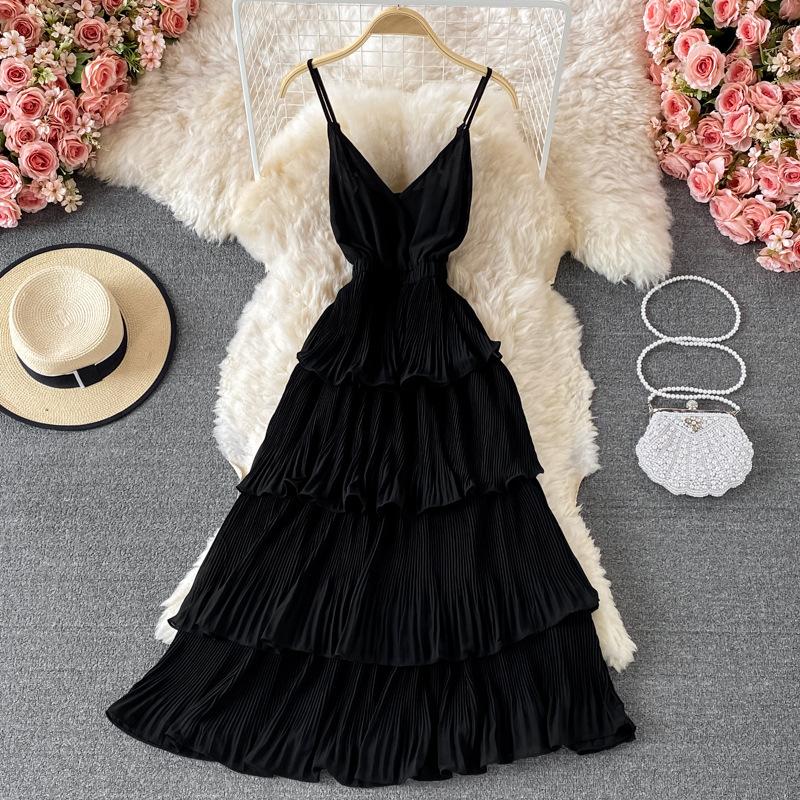 Léto Ženy Přehozené Volánky Špagetové Pásky Šaty Dovolená Plážové Vestido Dámské Elegantní Úzký midi župan s vysokým pasem