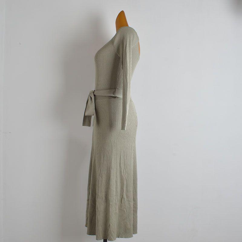 Foreign Trade Order Long Sleeve Knitted Dress Women Clothes Spring and Autumn Gyaru Sexy Hollow-out Backless Waist Lace-up Sheath Long Dress