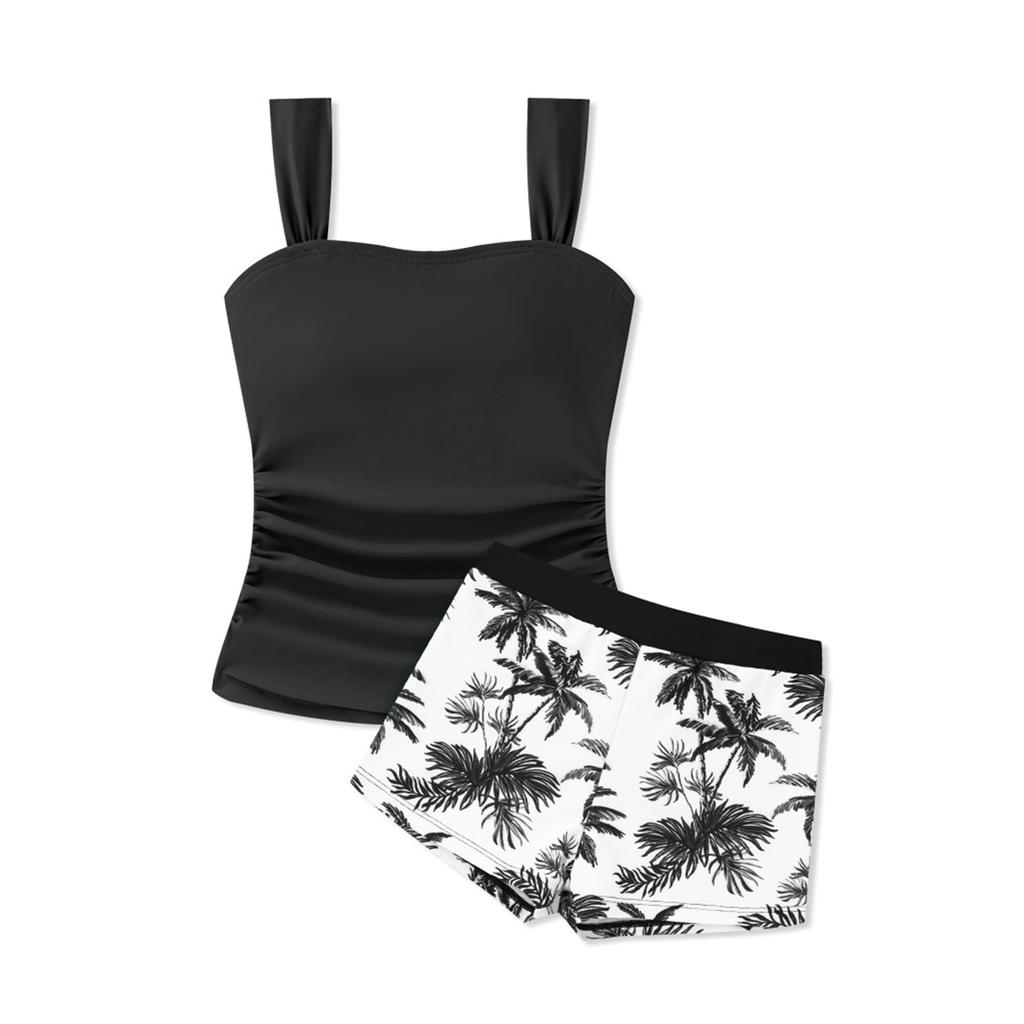 Girls Two Piece Swimsuit Tankini Top with Adjustable Straps and Floral Print Swim Shorts Lightweight Quick Dry Beachwear Set