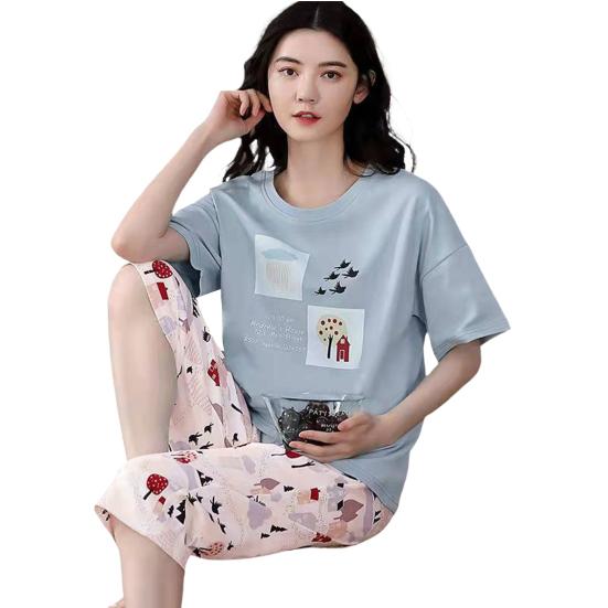 Lounge-Nachtwäsche, O-Ausschnitt, atmungsaktiv, für Mädchen, Sommer, Cartoon-Druck, T-Shirt, bauchfreie Hosen, Set für den täglichen Gebrauch